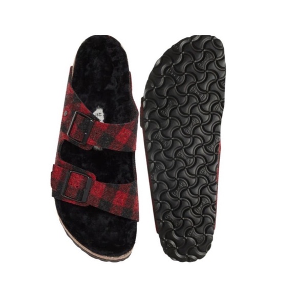 Birkenstock Arizona Genuine Lamb Fur Lined Red Plaid Slide Sandals.NIB main image 5